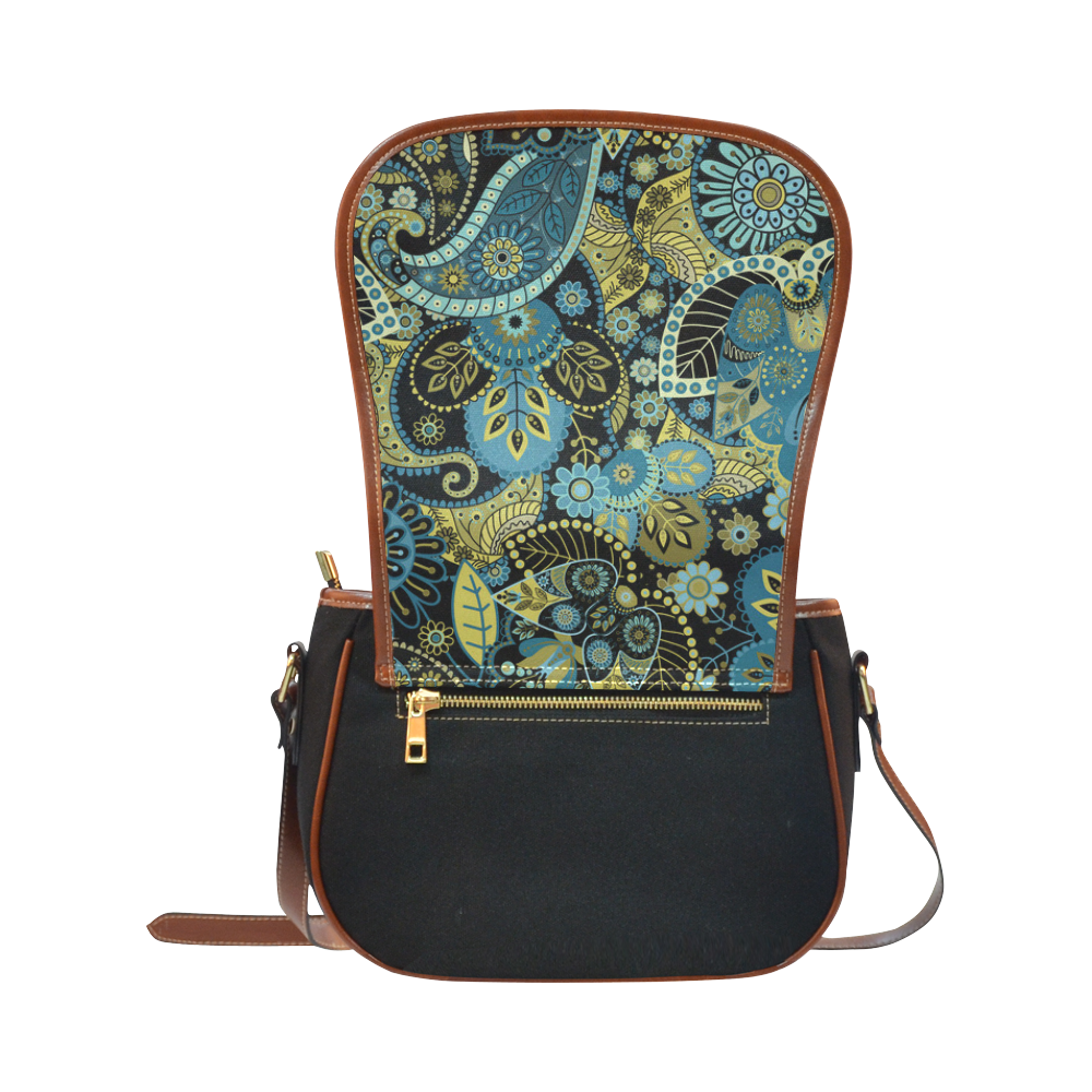 Gold Teal Vintage Indian Floral Pattern Saddle Bag/Small (Model 1649)(Flap Customization)