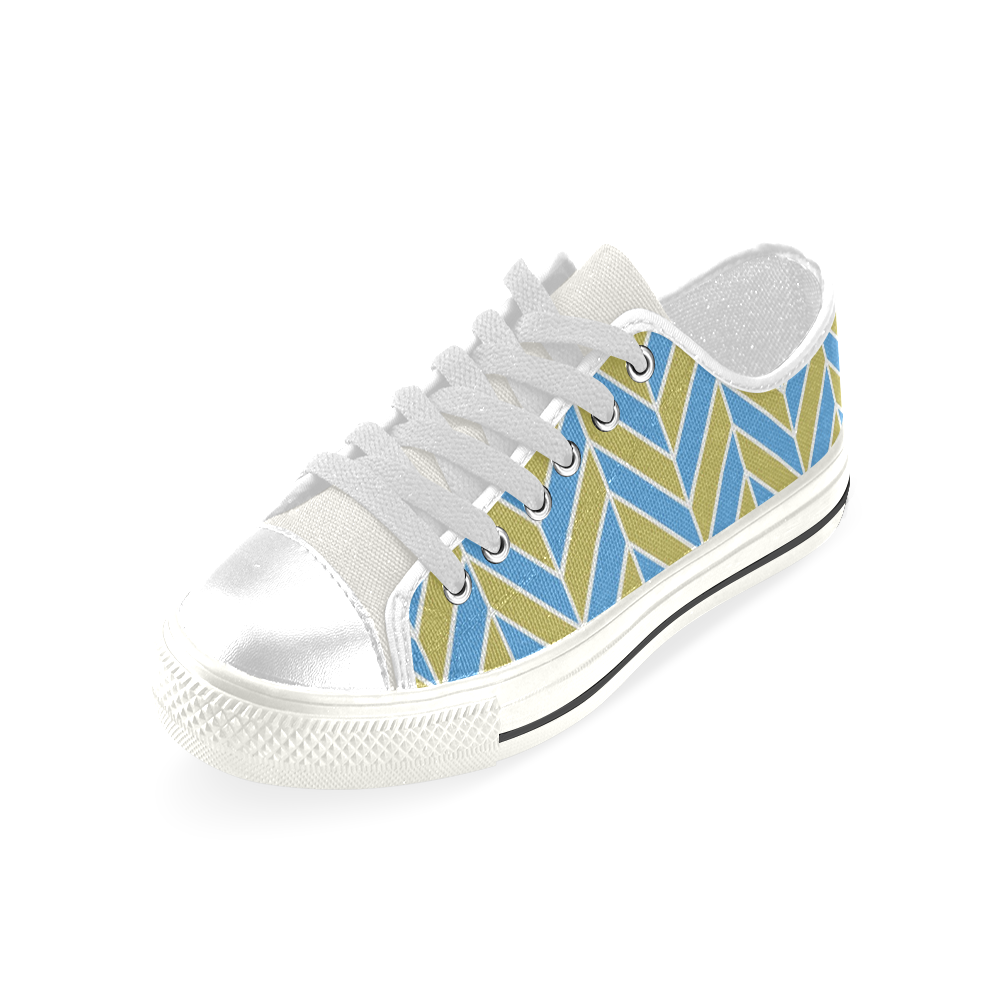 Blue White Gold Herringbone Low Top Canvas Shoes for Kid (Model 018)