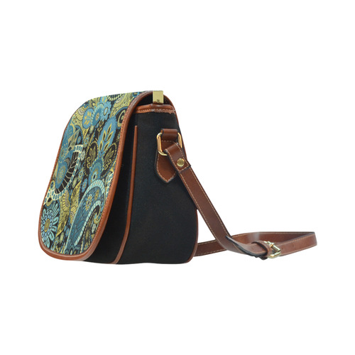 Gold Teal Vintage Indian Floral Pattern Saddle Bag/Small (Model 1649)(Flap Customization)