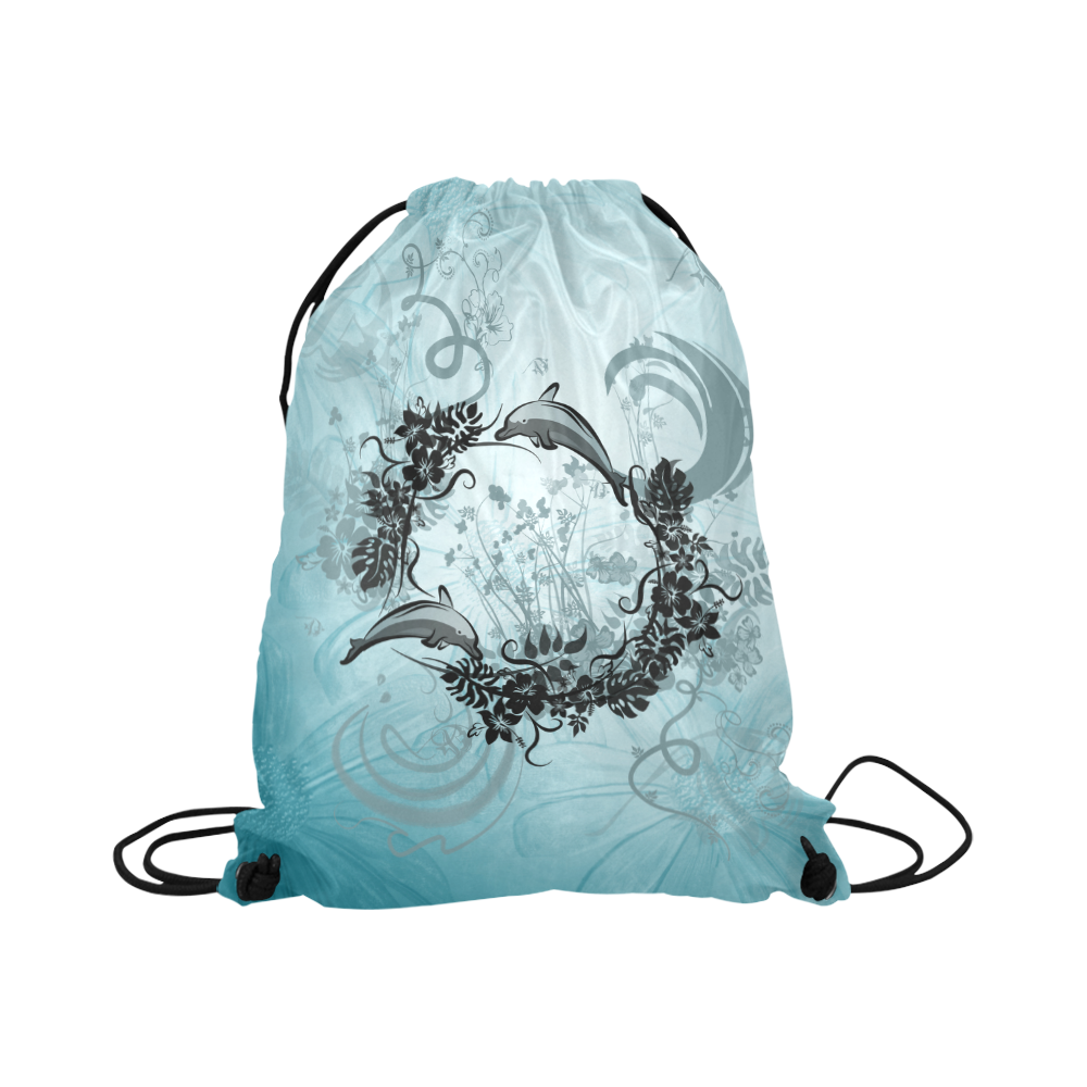 Jumping dolphin with flowers Large Drawstring Bag Model 1604 (Twin Sides)  16.5"(W) * 19.3"(H)