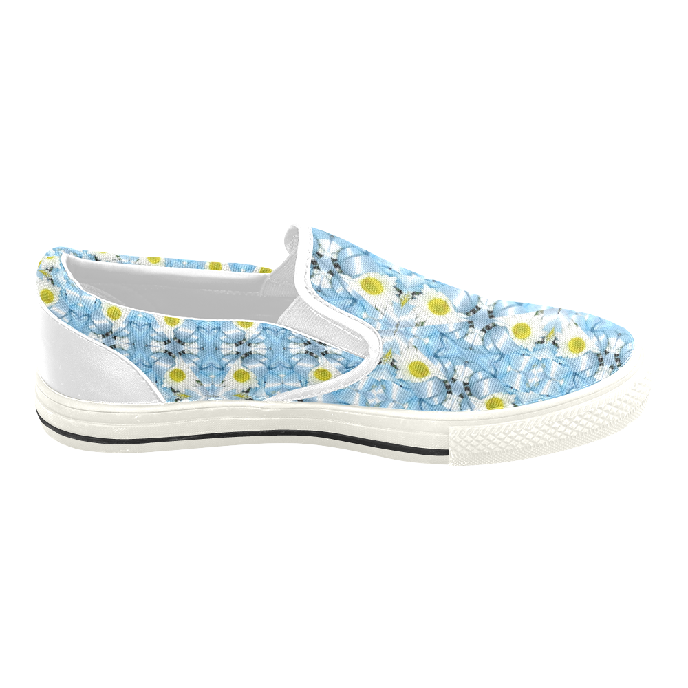 White Daisy and Blue Ribbons Kaleidoscope 1 Slip-on Canvas Shoes for Kid (Model 019)