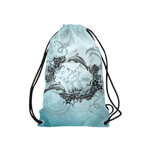 Jumping dolphin with flowers Small Drawstring Bag Model 1604 (Twin Sides) 11"(W) * 17.7"(H)