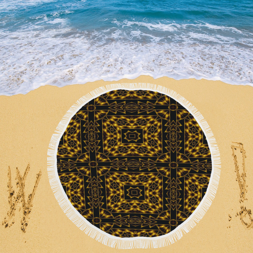 Golden Metallics Lights Kaleidoscope Mandala 3 Circular Beach Shawl 59"x 59"