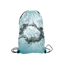 Jumping dolphin with flowers Small Drawstring Bag Model 1604 (Twin Sides) 11"(W) * 17.7"(H)