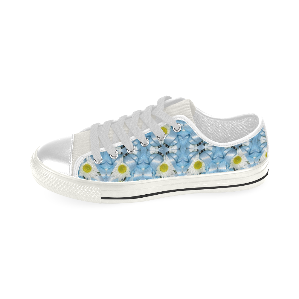 White Daisy and Blue Ribbons Kaleidoscope 1 Low Top Canvas Shoes for Kid (Model 018)