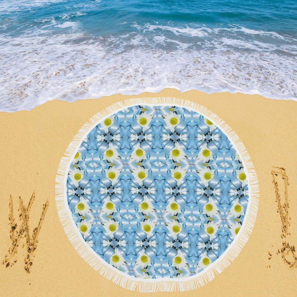White Daisy and Blue Ribbons Kaleidoscope 1 Circular Beach Shawl 59"x 59"