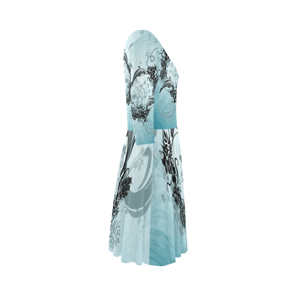 Jumping dolphin with flowers Elbow Sleeve Ice Skater Dress (D20)
