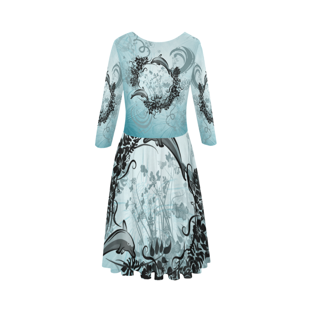 Jumping dolphin with flowers Elbow Sleeve Ice Skater Dress (D20)