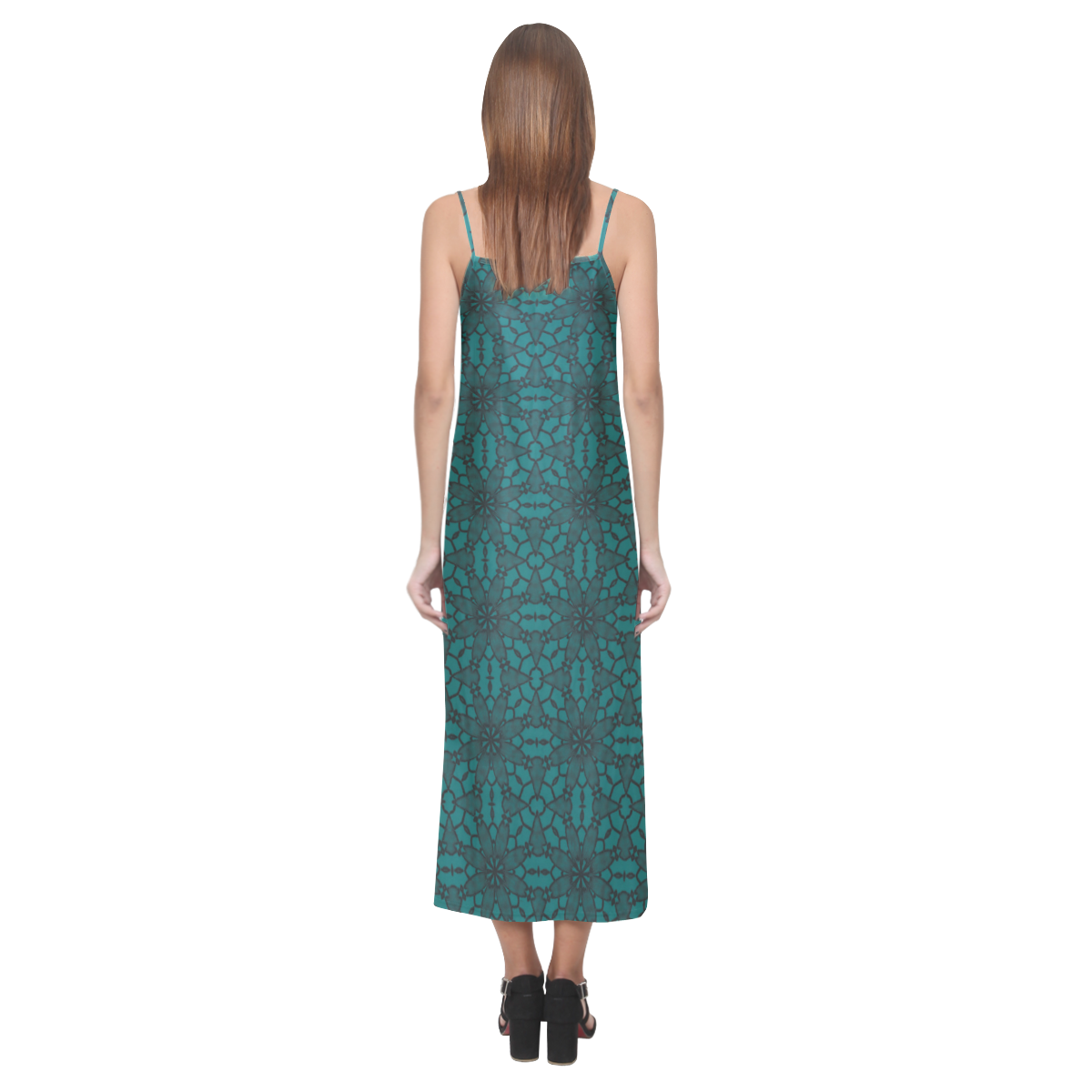 Sexy Teal and Black Floral Lace V-Neck Open Fork Long Dress(Model D18)