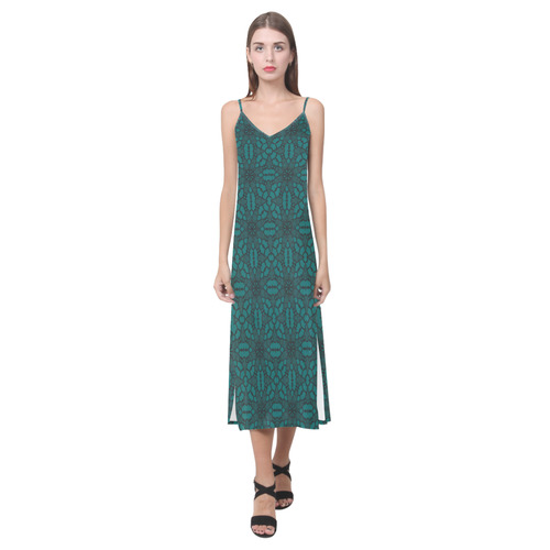 Sexy Teal and Black Floral Lace V-Neck Open Fork Long Dress(Model D18)