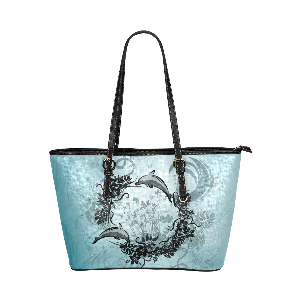 Jumping dolphin with flowers Leather Tote Bag/Small (Model 1651)