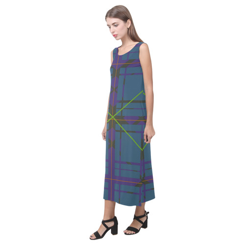 Neon Plaid modern 80's design Phaedra Sleeveless Open Fork Long Dress (Model D08)