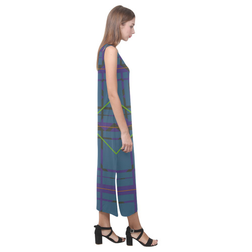 Neon Plaid modern 80's design Phaedra Sleeveless Open Fork Long Dress (Model D08)