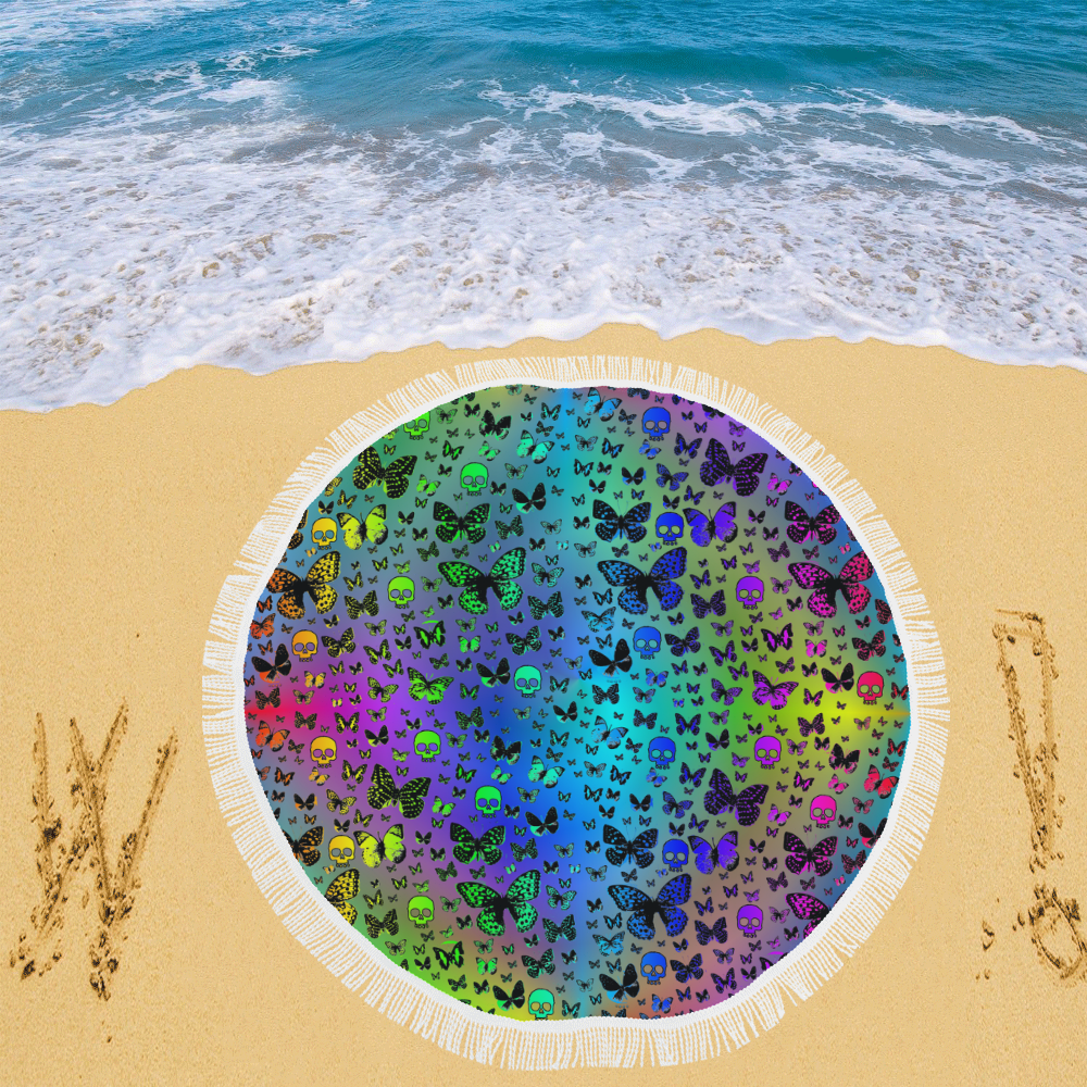 Colorful Skulls & Butterflies Circular Beach Shawl 59"x 59"