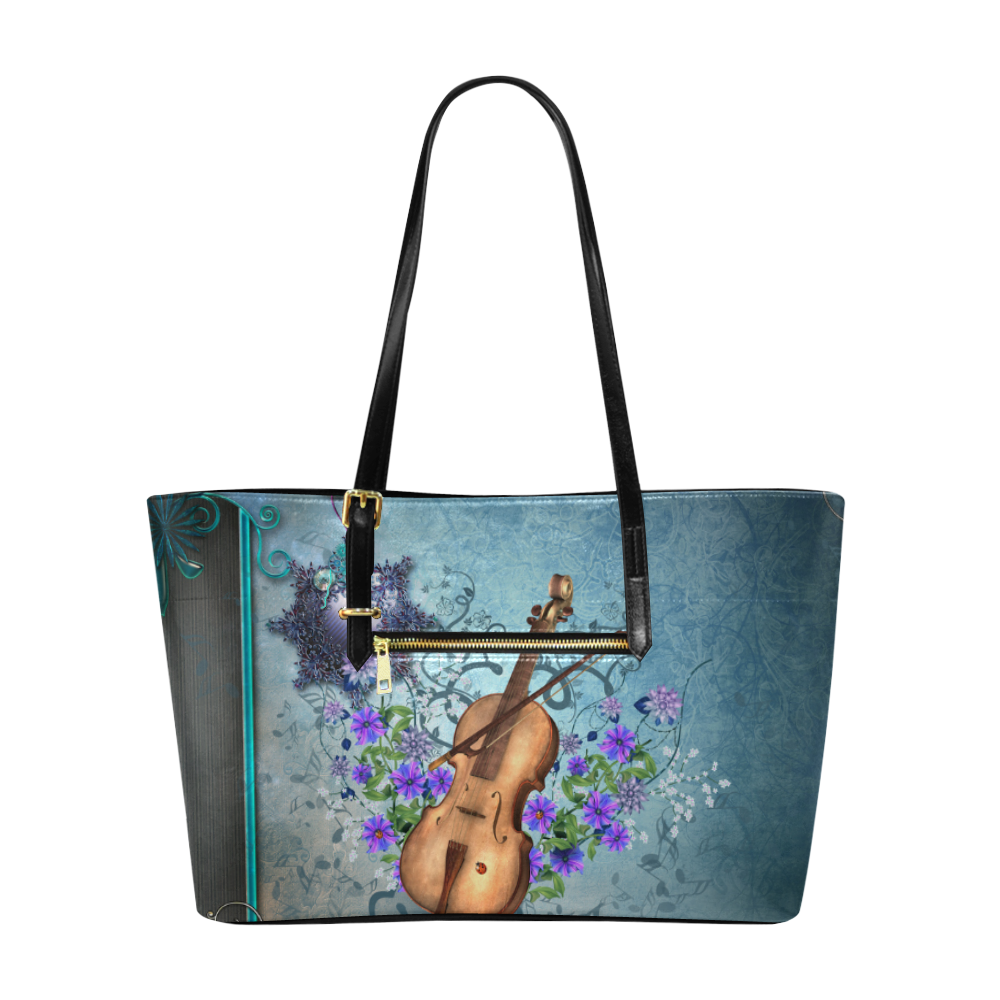 Violin with violin bow and flowers Euramerican Tote Bag/Large (Model 1656)