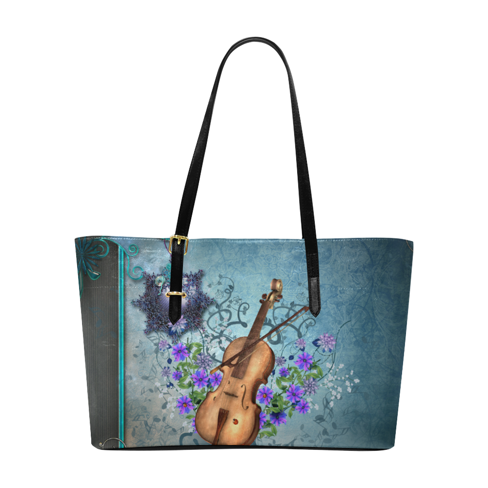 Violin with violin bow and flowers Euramerican Tote Bag/Large (Model 1656)