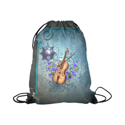 Violin with violin bow and flowers Large Drawstring Bag Model 1604 (Twin Sides)  16.5"(W) * 19.3"(H)