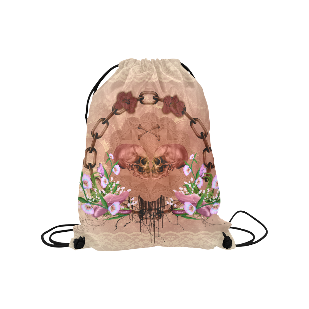 Awesome skulls with flowres Medium Drawstring Bag Model 1604 (Twin Sides) 13.8"(W) * 18.1"(H)