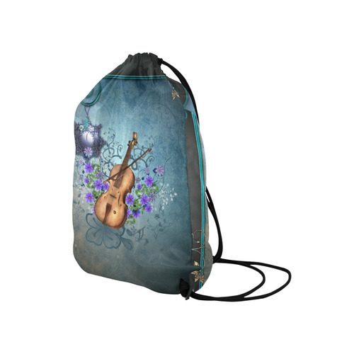 Violin with violin bow and flowers Medium Drawstring Bag Model 1604 (Twin Sides) 13.8"(W) * 18.1"(H)