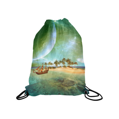 Wonderful seascape with island and ship Medium Drawstring Bag Model 1604 (Twin Sides) 13.8"(W) * 18.1"(H)