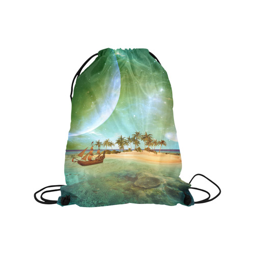 Wonderful seascape with island and ship Medium Drawstring Bag Model 1604 (Twin Sides) 13.8"(W) * 18.1"(H)