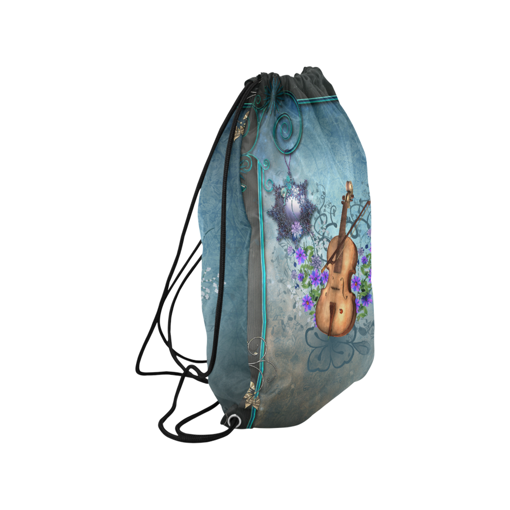 Violin with violin bow and flowers Medium Drawstring Bag Model 1604 (Twin Sides) 13.8"(W) * 18.1"(H)