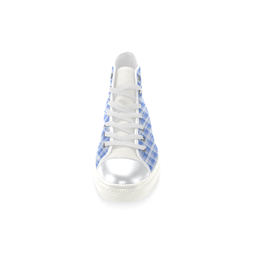 checkered Fabric blue white by FeelGood High Top Canvas Shoes for Kid (Model 017)