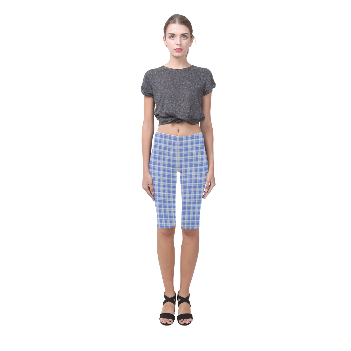 checkered Fabric blue white by FeelGood Hestia Cropped Leggings (Model L03)