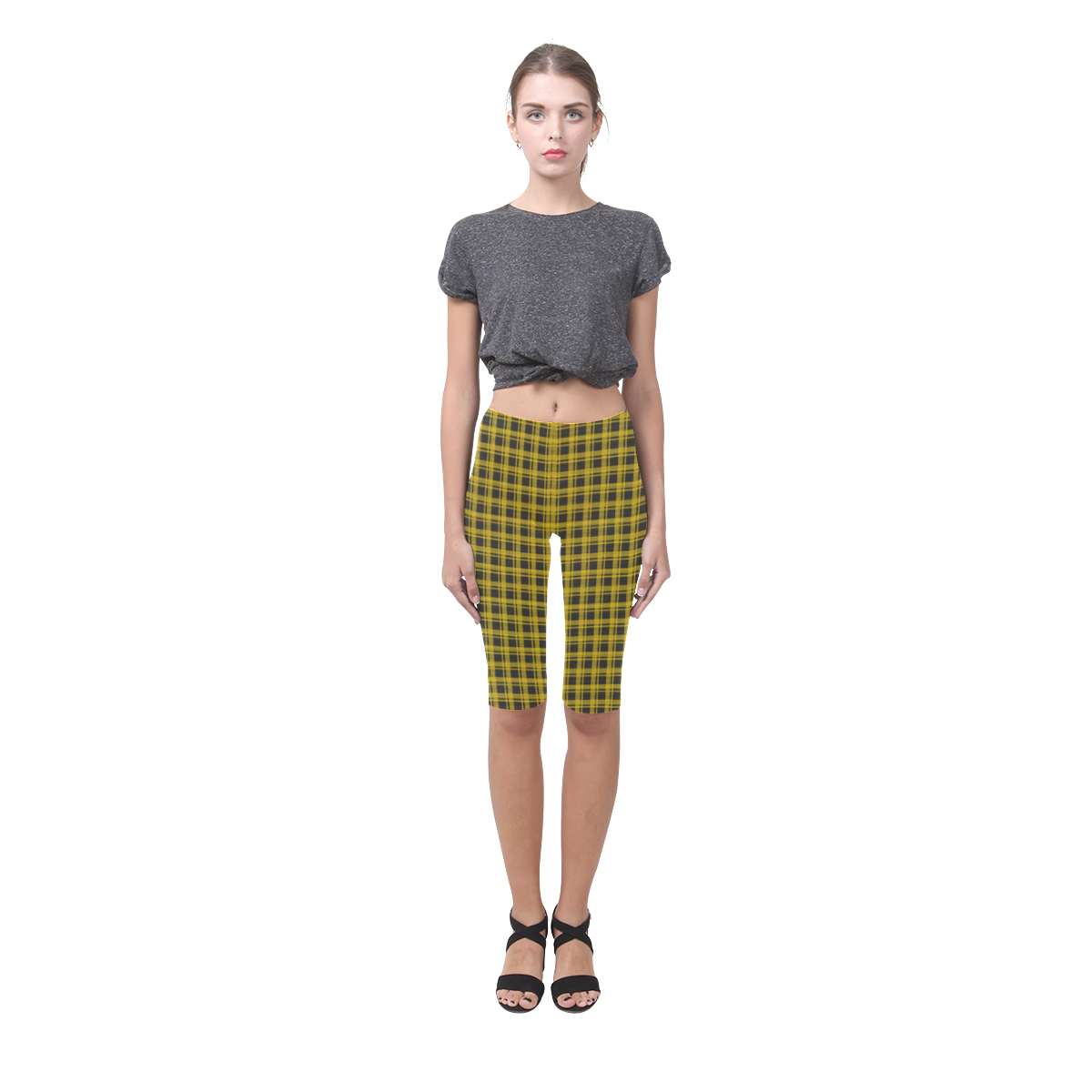 checkered Fabric yellow  black by FeelGood Hestia Cropped Leggings (Model L03)