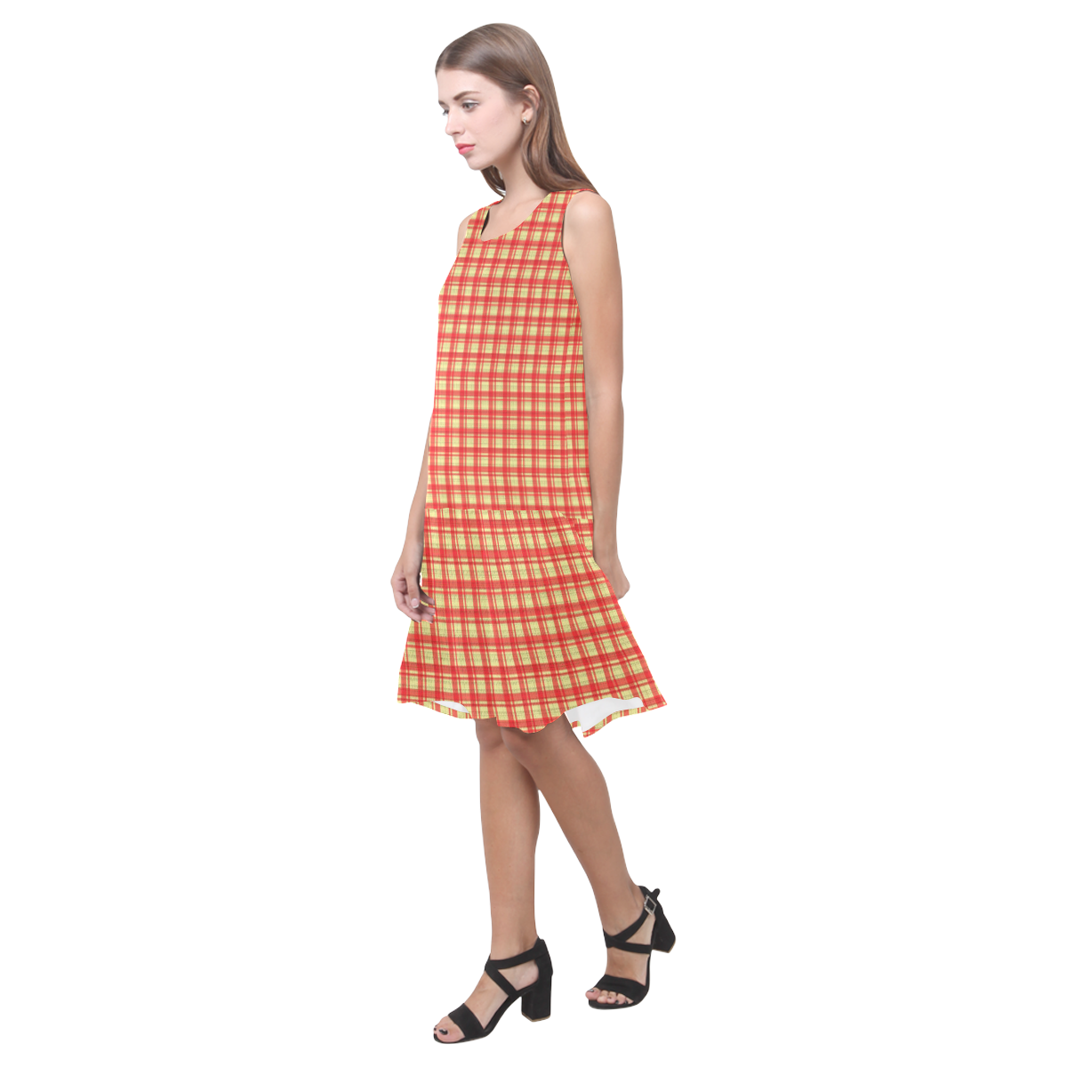 checkered Fabric red by FeelGood Sleeveless Splicing Shift Dress(Model D17)