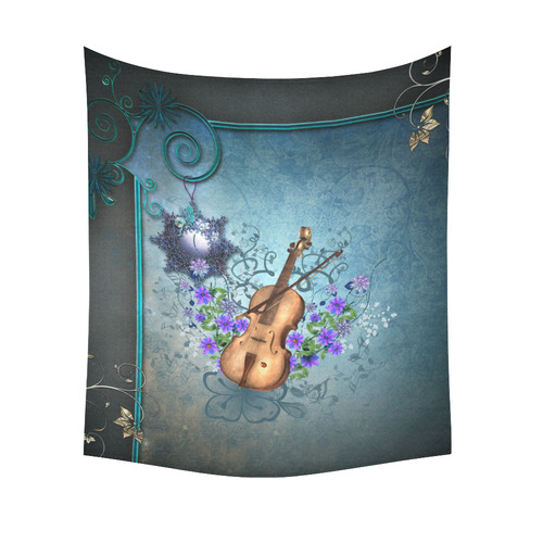 Violin with violin bow and flowers Cotton Linen Wall Tapestry 51"x 60"
