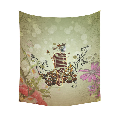 Music, microphone with cute bird Cotton Linen Wall Tapestry 51"x 60"