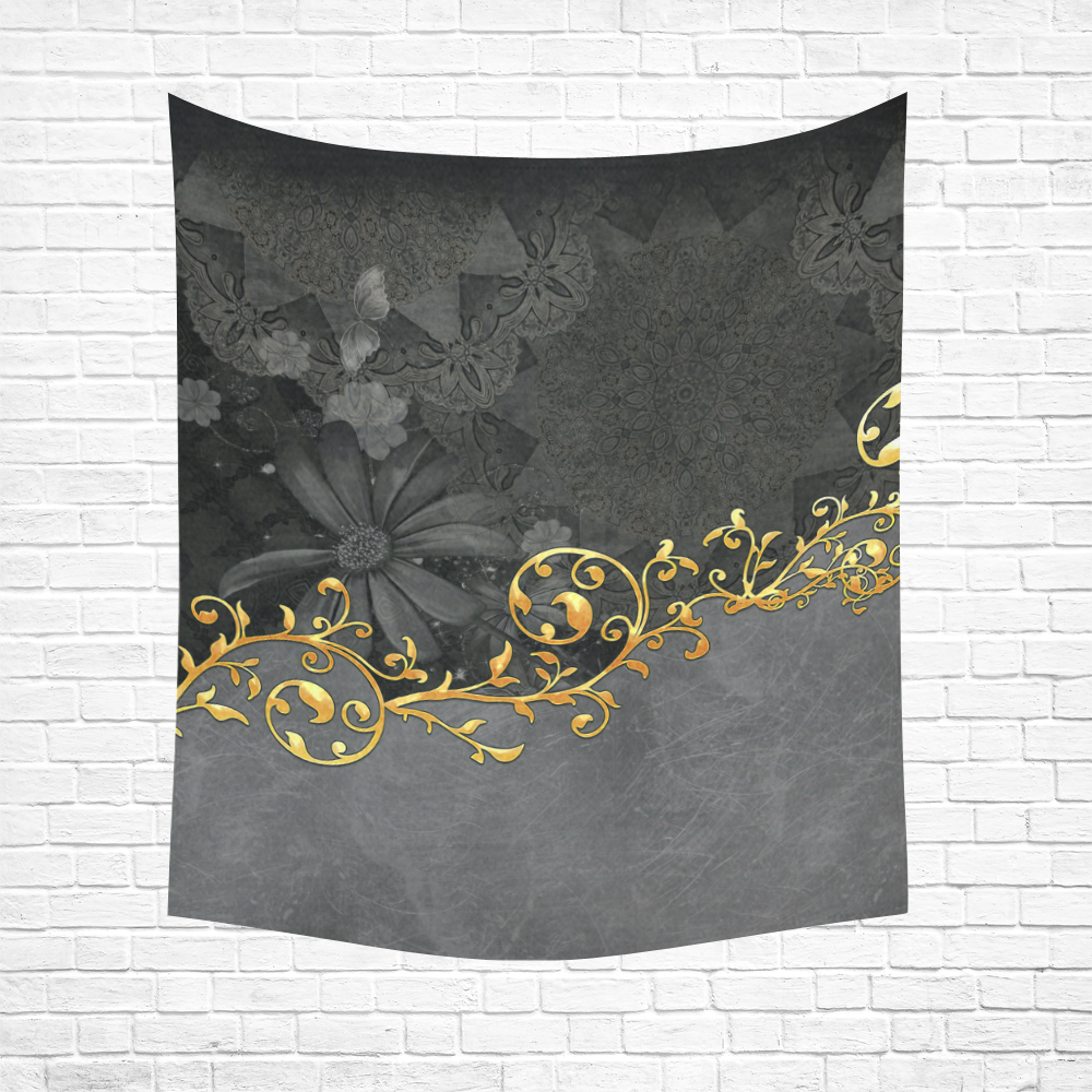 Vintage design in grey and gold Cotton Linen Wall Tapestry 51"x 60"