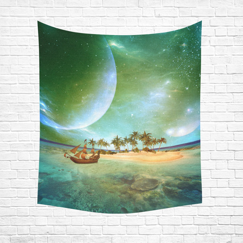 Wonderful seascape with island and ship Cotton Linen Wall Tapestry 51"x 60"