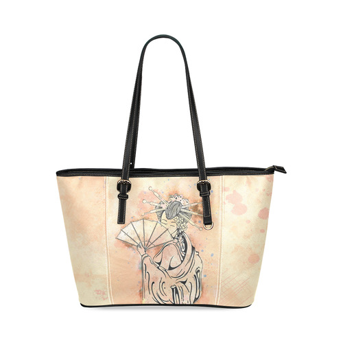 Vintage japanese beautiful geisha girl Leather Tote Bag/Large (Model 1640)