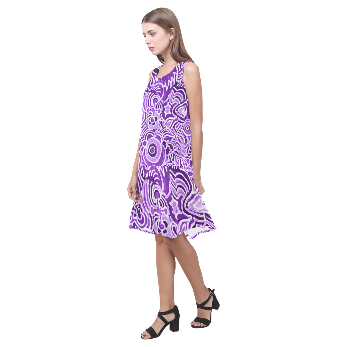 Purple Batik Sleeveless Splicing Shift Dress(Model D17)