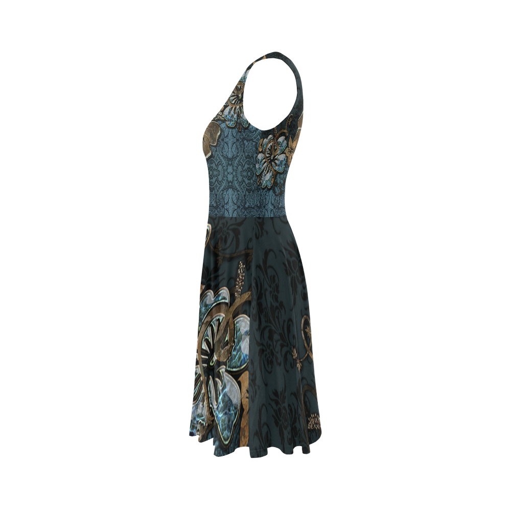 Beautidul vintage design in blue colors Sleeveless Ice Skater Dress (D19)