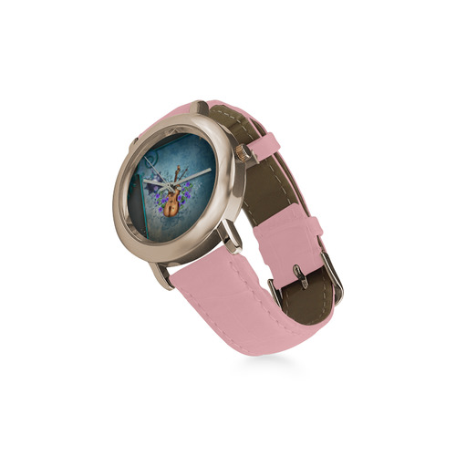 Violin with violin bow and flowers Women's Rose Gold Leather Strap Watch(Model 201)