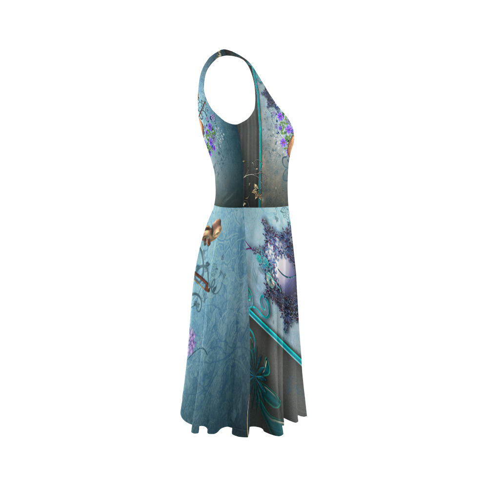 Violin with violin bow and flowers Sleeveless Ice Skater Dress (D19)