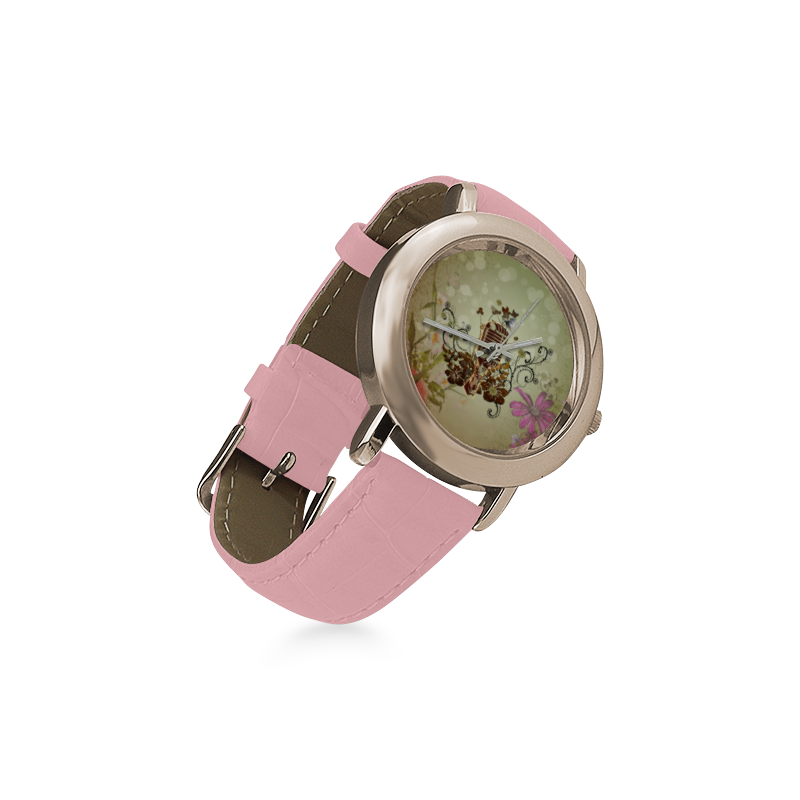 Music, microphone with cute bird Women's Rose Gold Leather Strap Watch(Model 201)