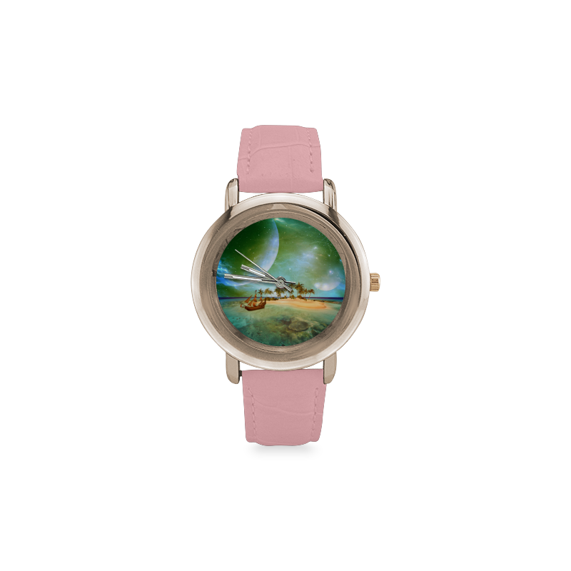 Wonderful seascape with island and ship Women's Rose Gold Leather Strap Watch(Model 201)