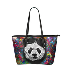 Psychedelic Flower Power Galaxy PANDA Painting Leather Tote Bag/Large (Model 1651)