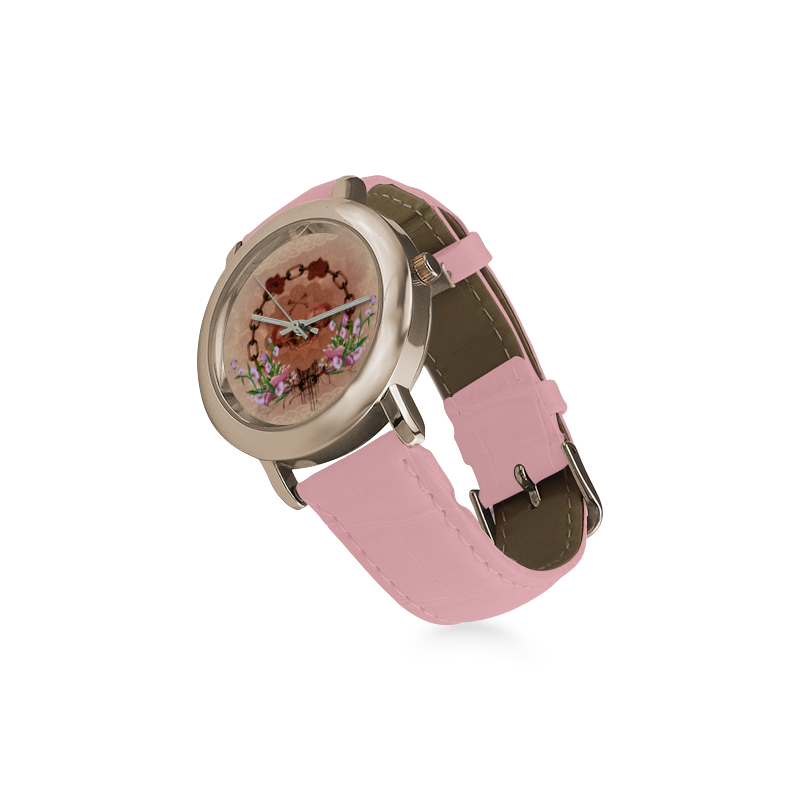 Awesome skulls with flowres Women's Rose Gold Leather Strap Watch(Model 201)