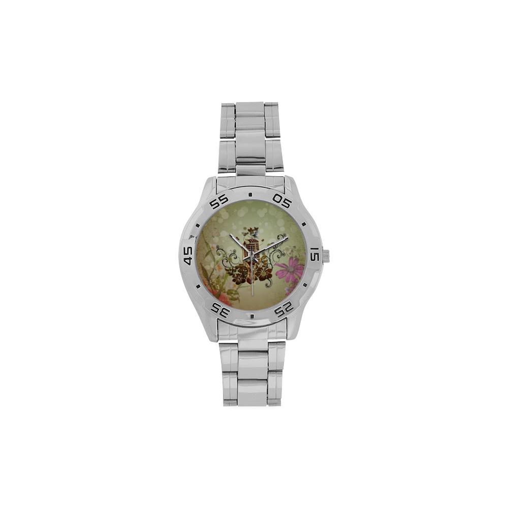 Music, microphone with cute bird Men's Stainless Steel Analog Watch(Model 108)