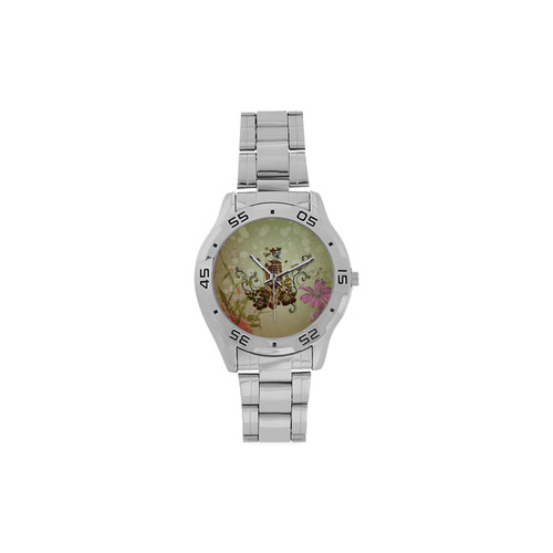Music, microphone with cute bird Men's Stainless Steel Analog Watch(Model 108)