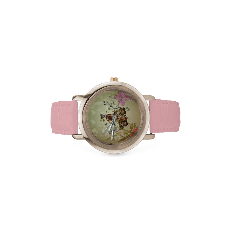 Music, microphone with cute bird Women's Rose Gold Leather Strap Watch(Model 201)