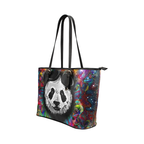 Psychedelic Flower Power Galaxy PANDA Painting Leather Tote Bag/Small (Model 1651)