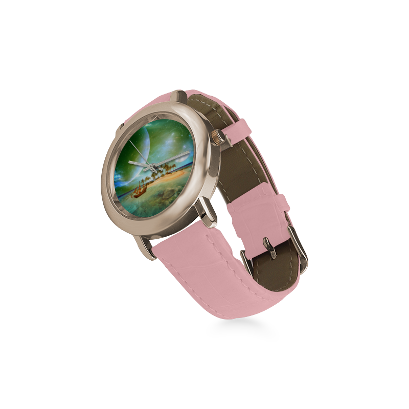 Wonderful seascape with island and ship Women's Rose Gold Leather Strap Watch(Model 201)