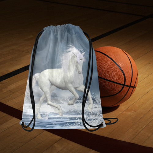 A white Unicorn wading in the water Medium Drawstring Bag Model 1604 (Twin Sides) 13.8"(W) * 18.1"(H)