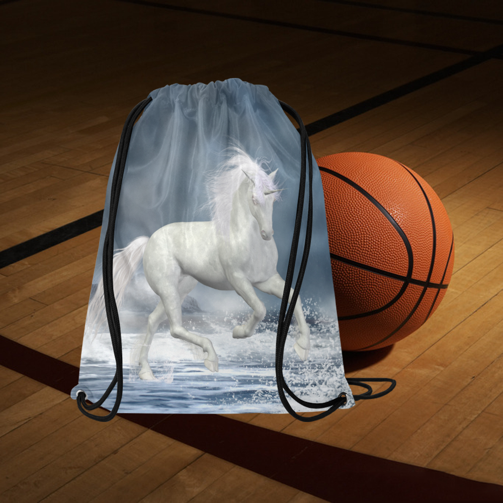 A white Unicorn wading in the water Large Drawstring Bag Model 1604 (Twin Sides)  16.5"(W) * 19.3"(H)
